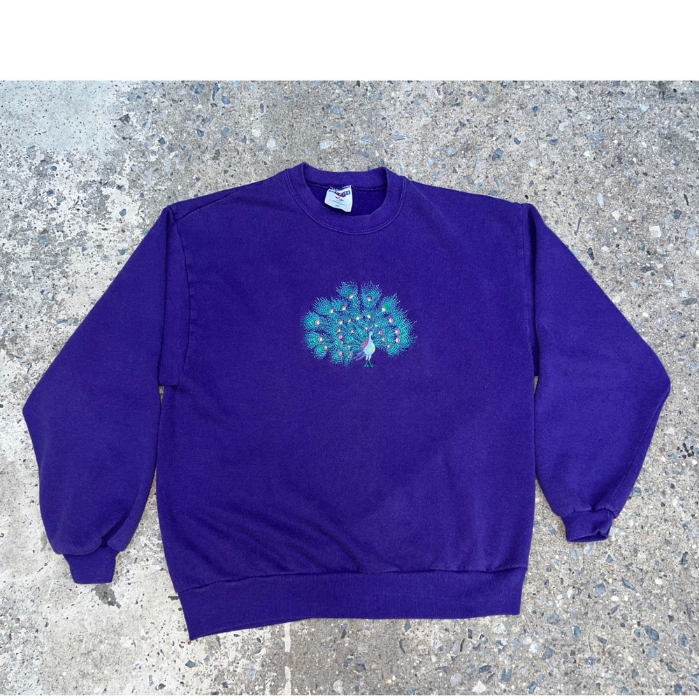 Vintage Jerzees Peacock Embroidered Sweatshirt Purple Womens Large Made In USA